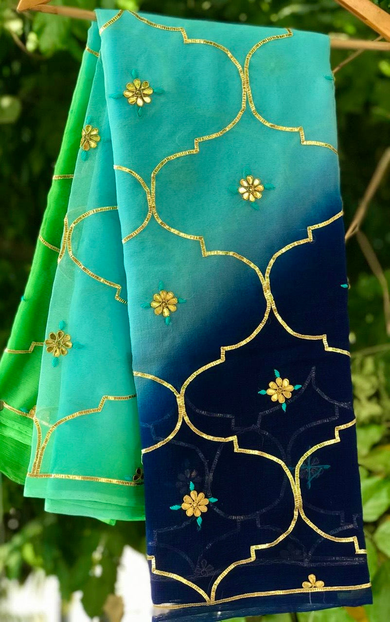 Ombre blue shaded gotta jaal saree