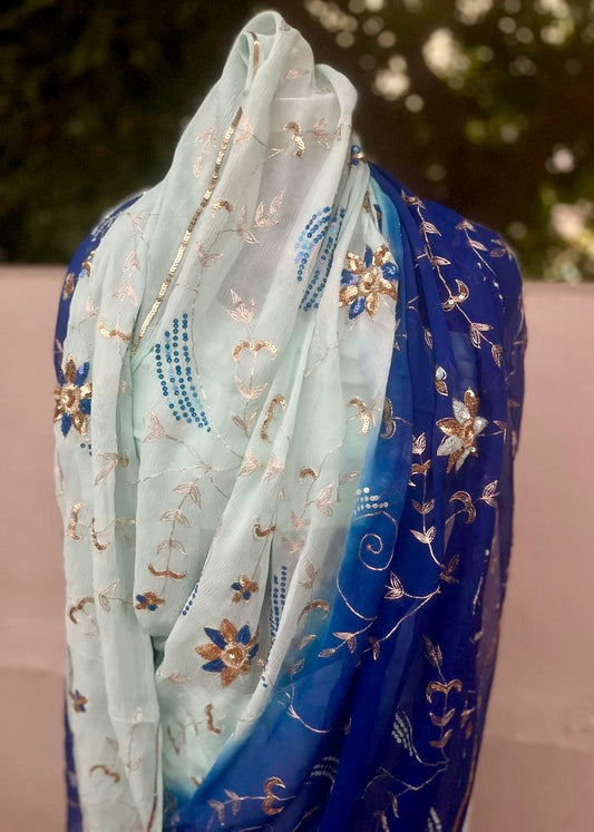 Ombre Blue Shaded Zari Sequins Jaal Saree