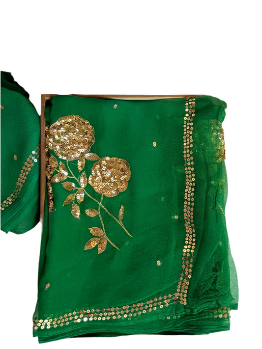 Green sequins Rose buta saree
