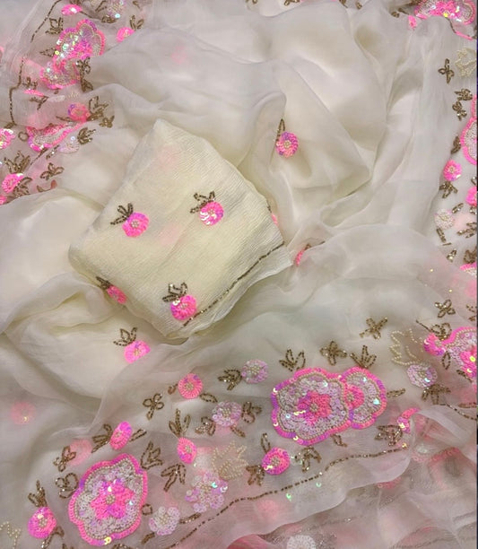 Off-White Sequins & Cutdana Border saree