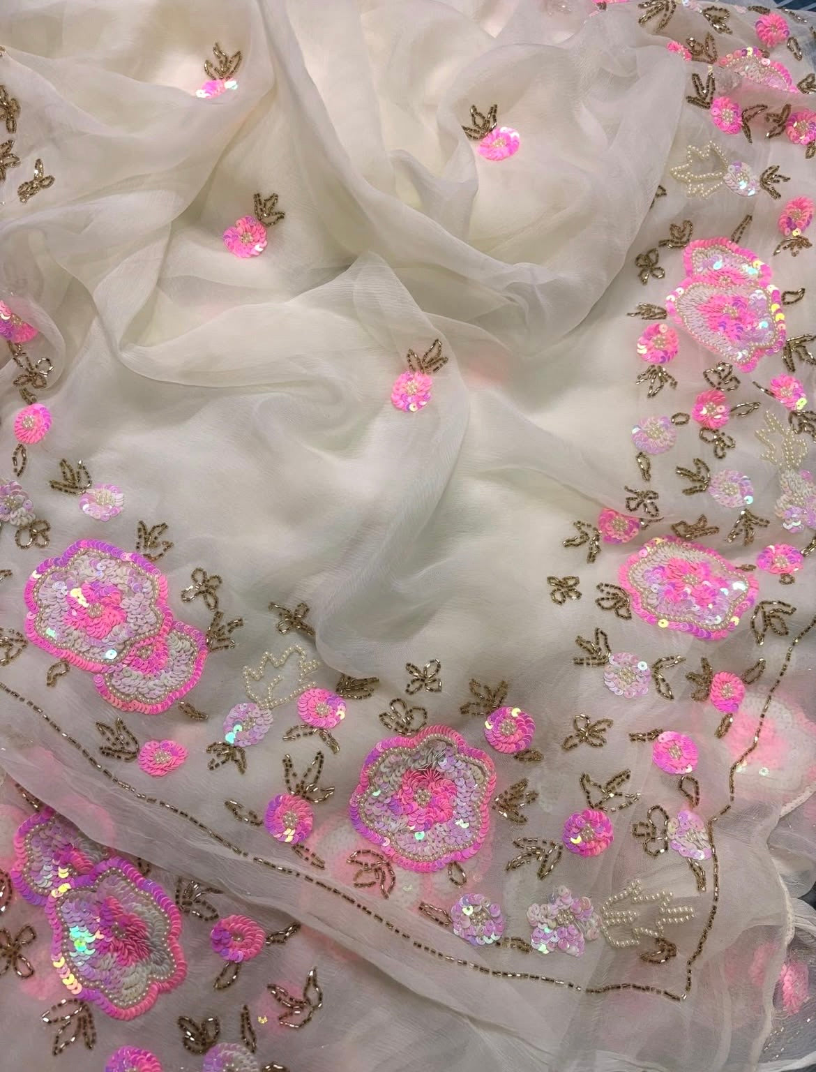 Off-White Sequins & Cutdana Border saree