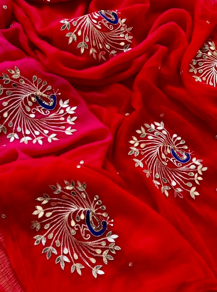 Red shaded peacock buta saree