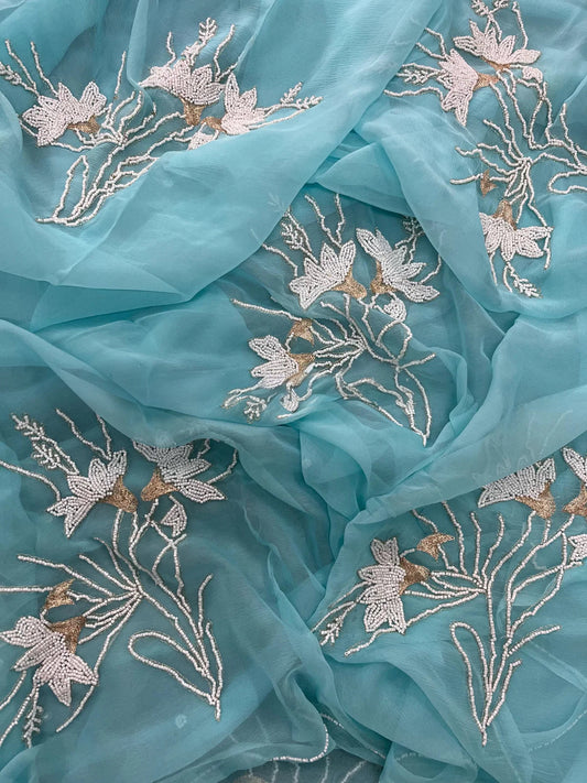 Aqua pearl Zari buta saree
