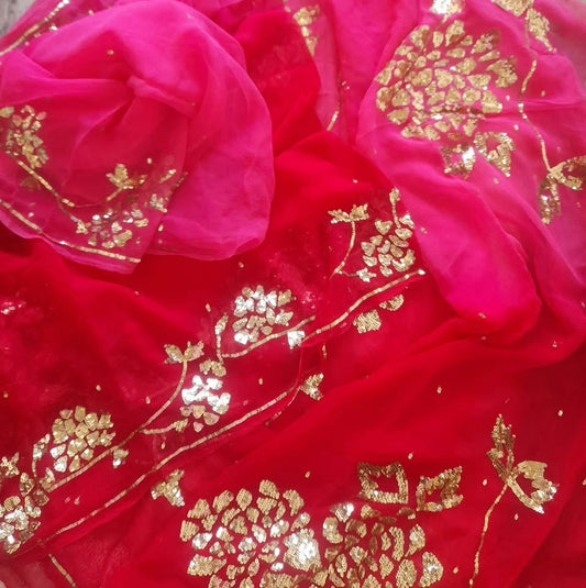 Pink red sequins saree