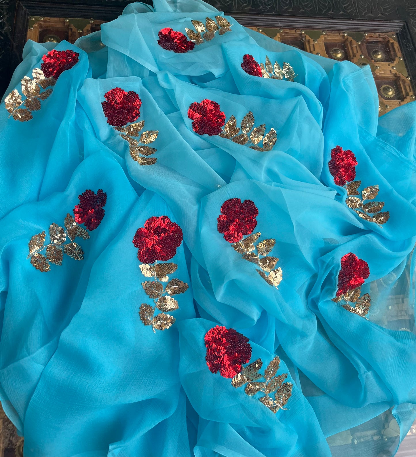 Ombre sky blue sequins buta saree