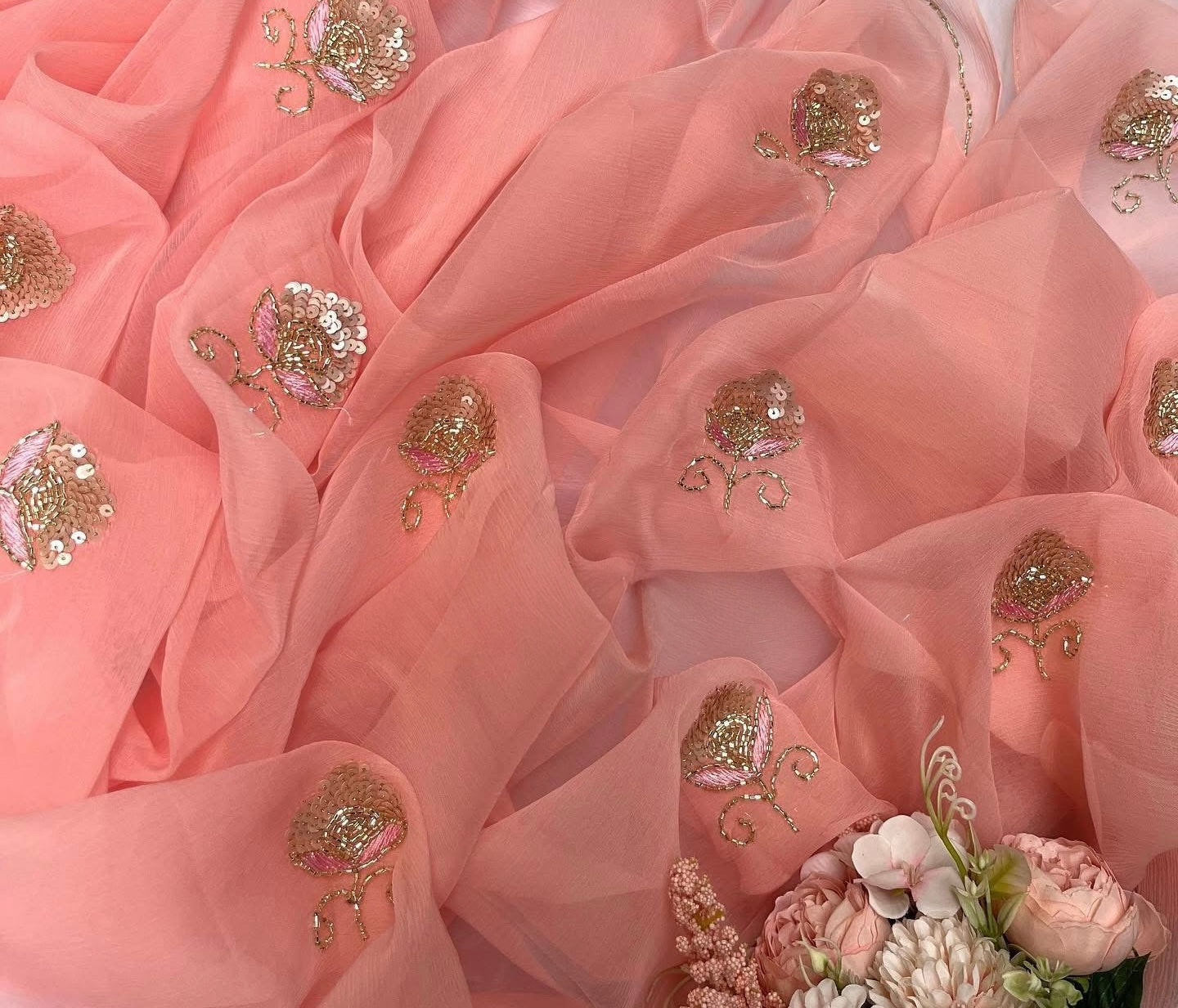 Peach sequins buta saree