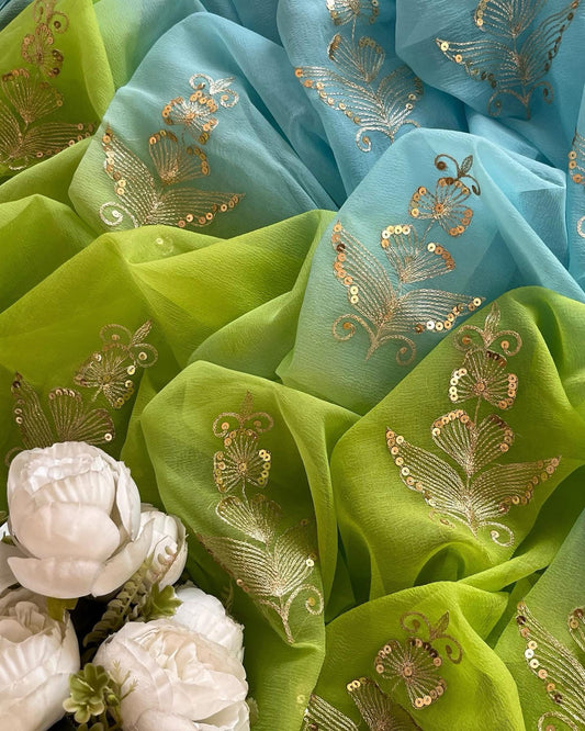 Ombre green blue zari buta saree