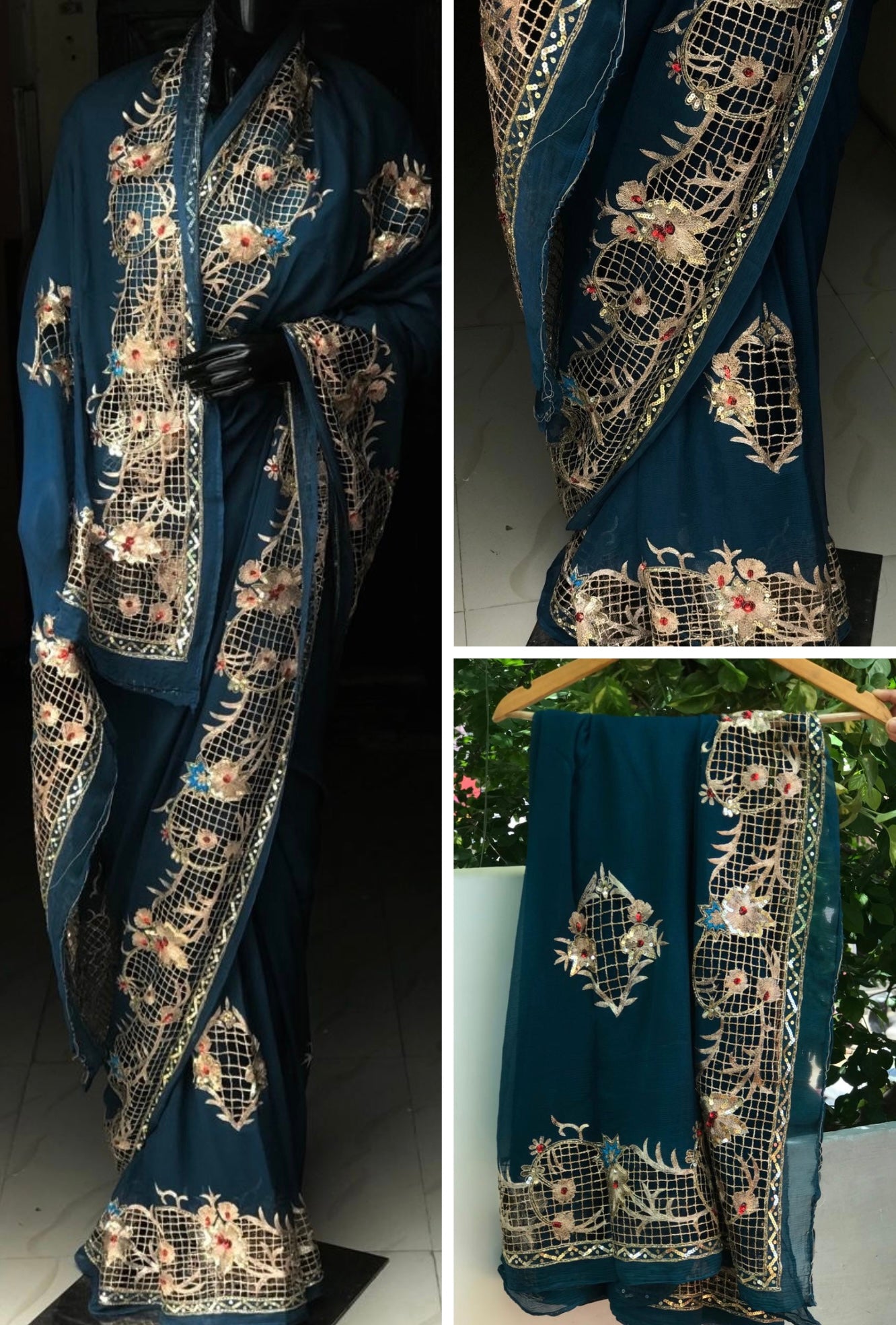 Teal blue Cutwork border saree