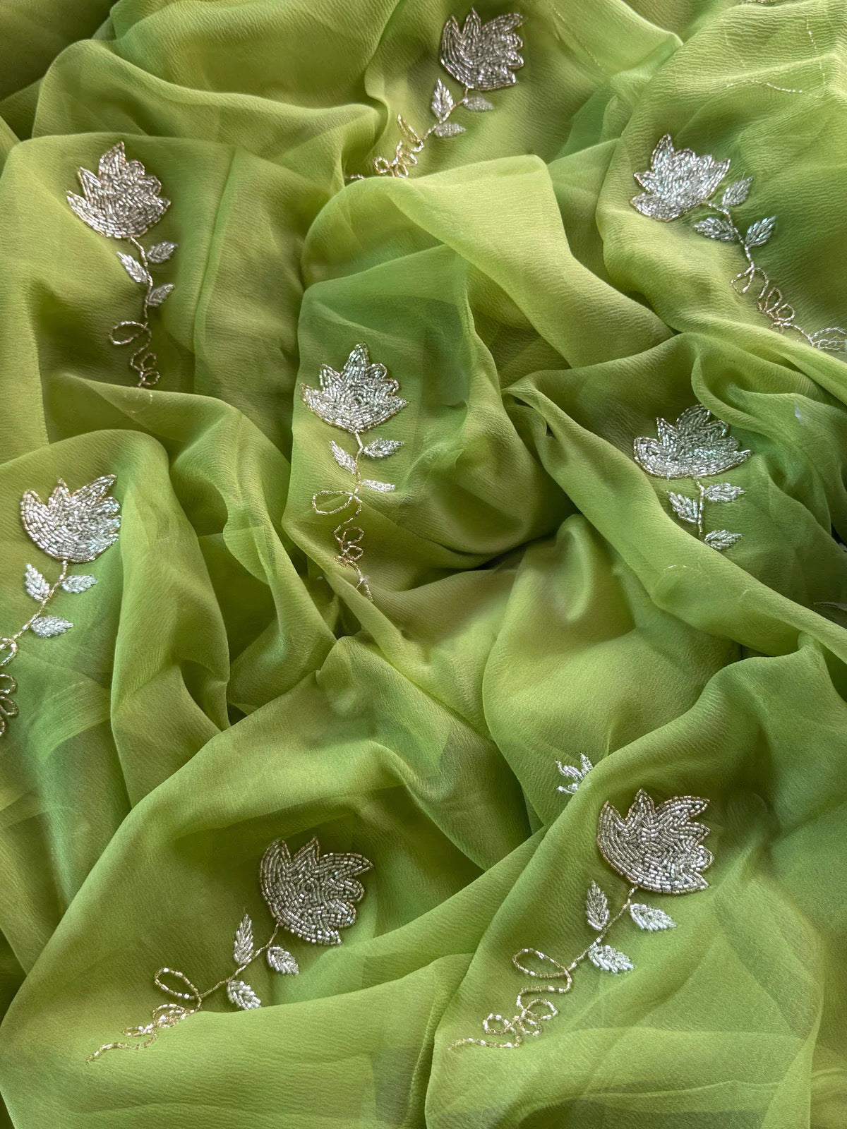 Green cutdana flower saree