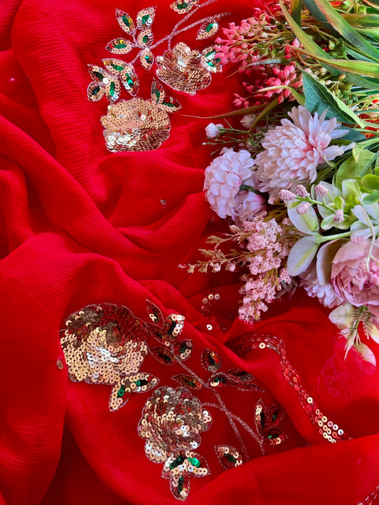 Red Rose sequins Buta saree