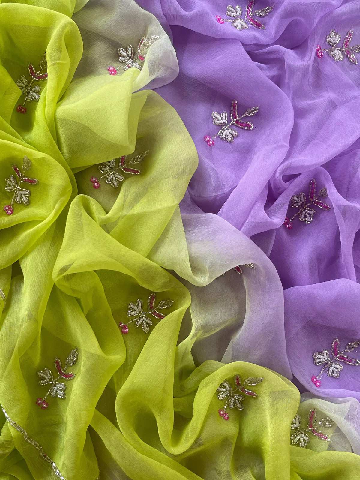 Green lavender floral motif saree