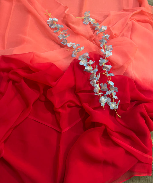 Ombre Peach Red Shaded Miraya Chiffon Sarees