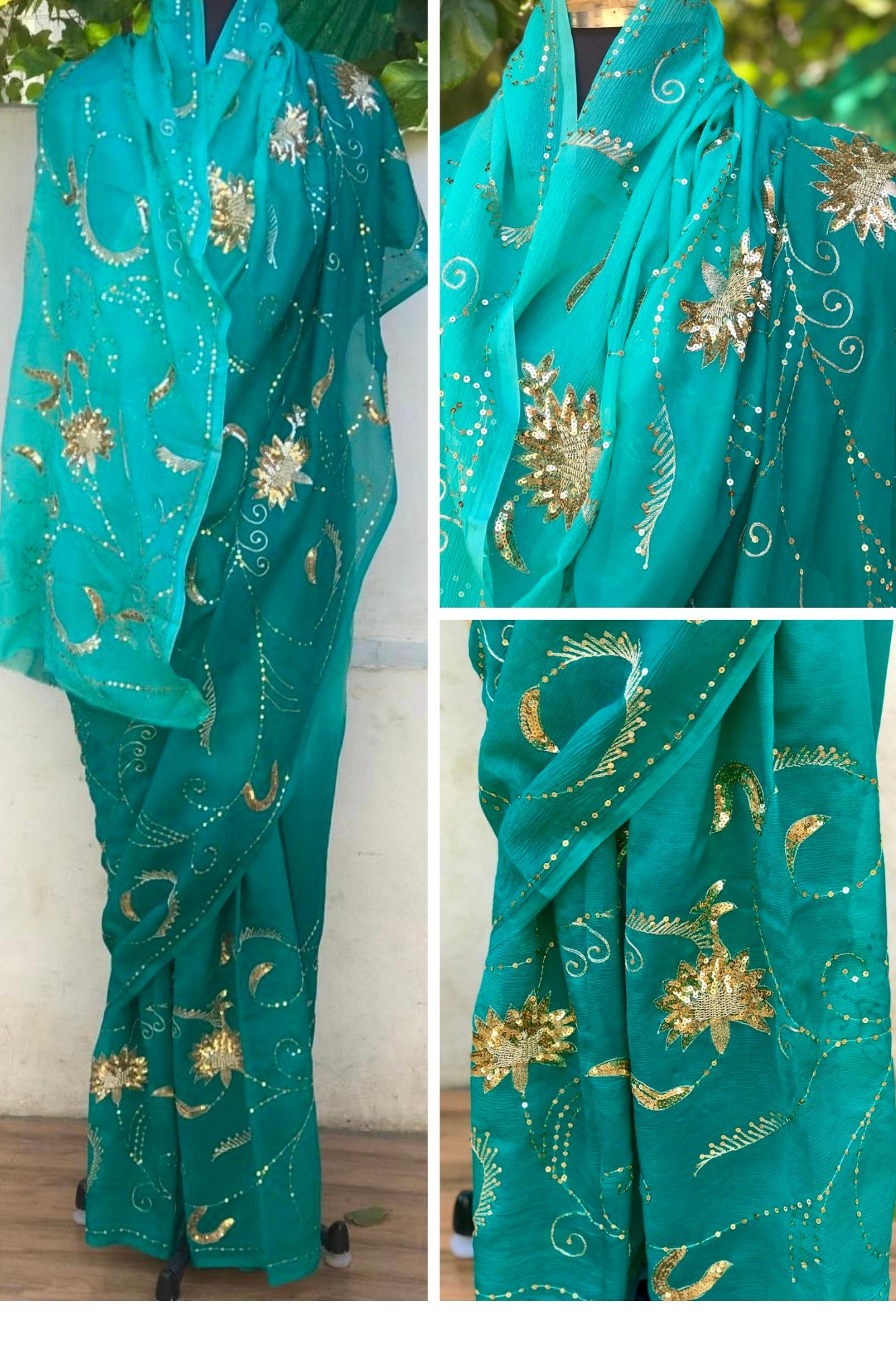 Ombre teal blue shaded aari Zardoji jaal