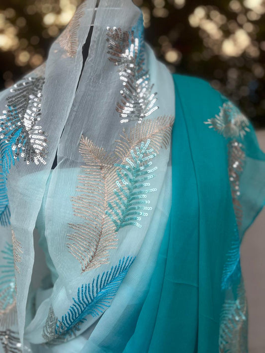 Ombre Blue Shaded Zari Sequins Border Saree