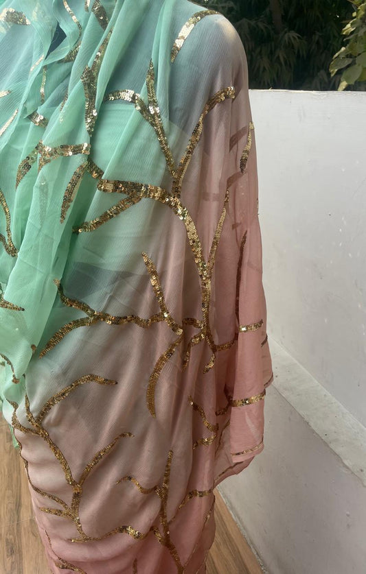 Ombre Powder Blue Shaded Sequins Jaal Saree