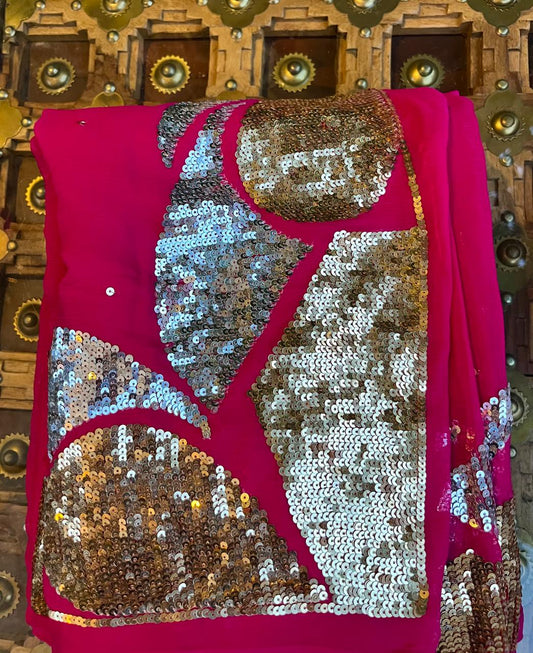 Magenta Golden & Silver Sequence Jaal Saree