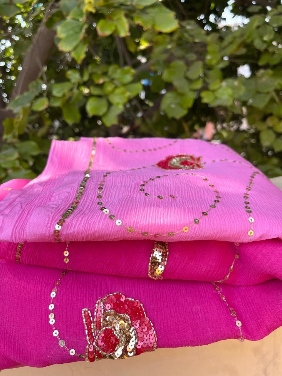 Ombre Pink Shaded Sequins Jaal Saree