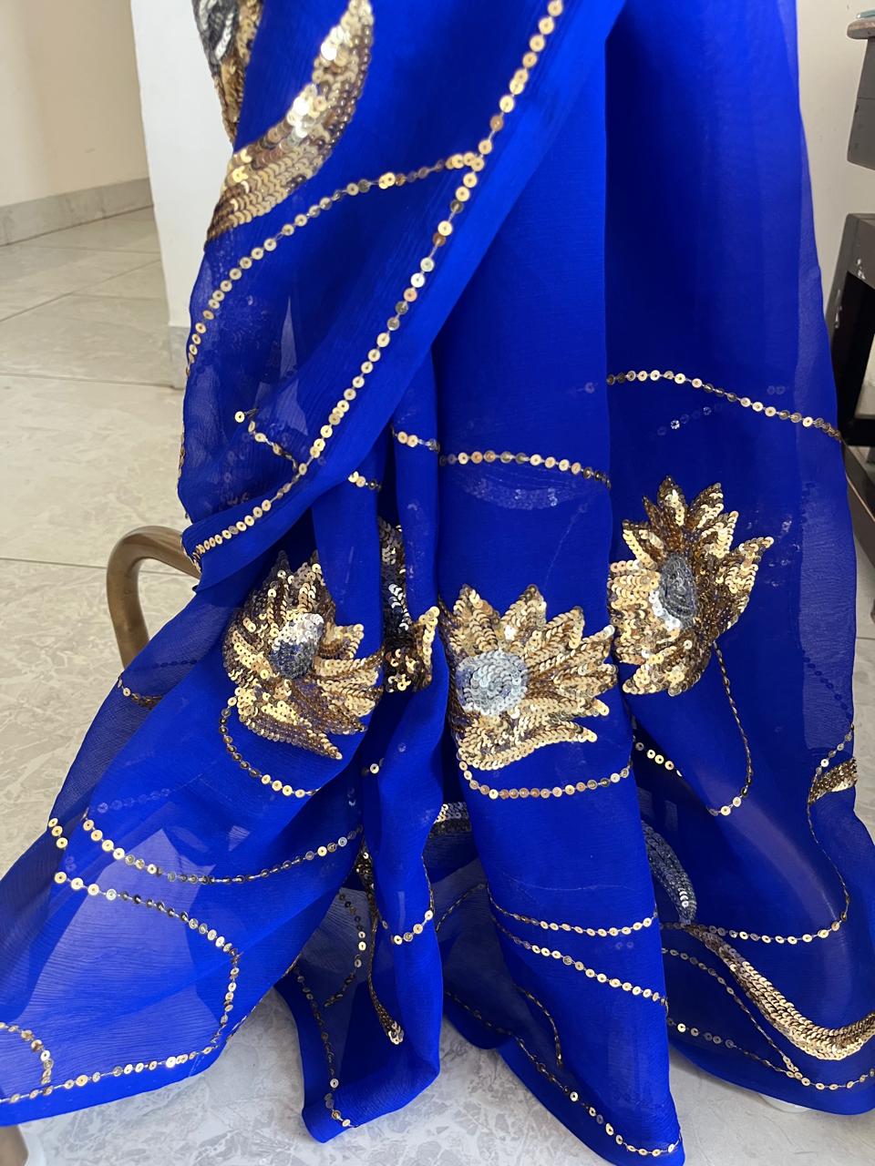Blue Golden Silver Sequins Jaal Saree