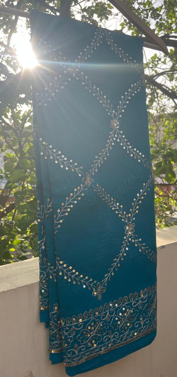Teal Blue Zari Sequins Jaal Saree