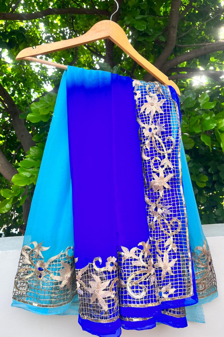 Ombre Blue Shaded Cutwork Border Saree