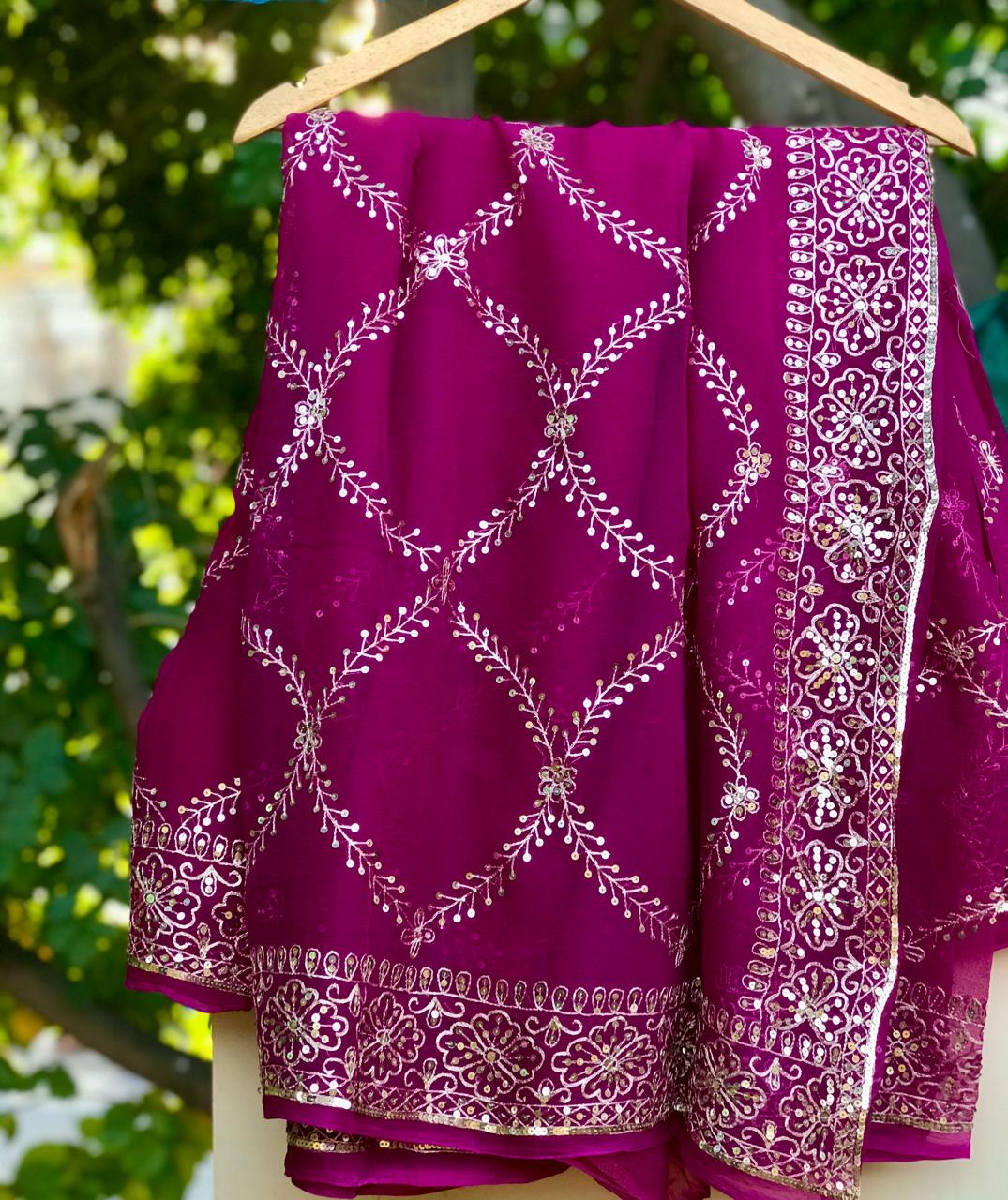 Wine Aari sequins Jaal Saree