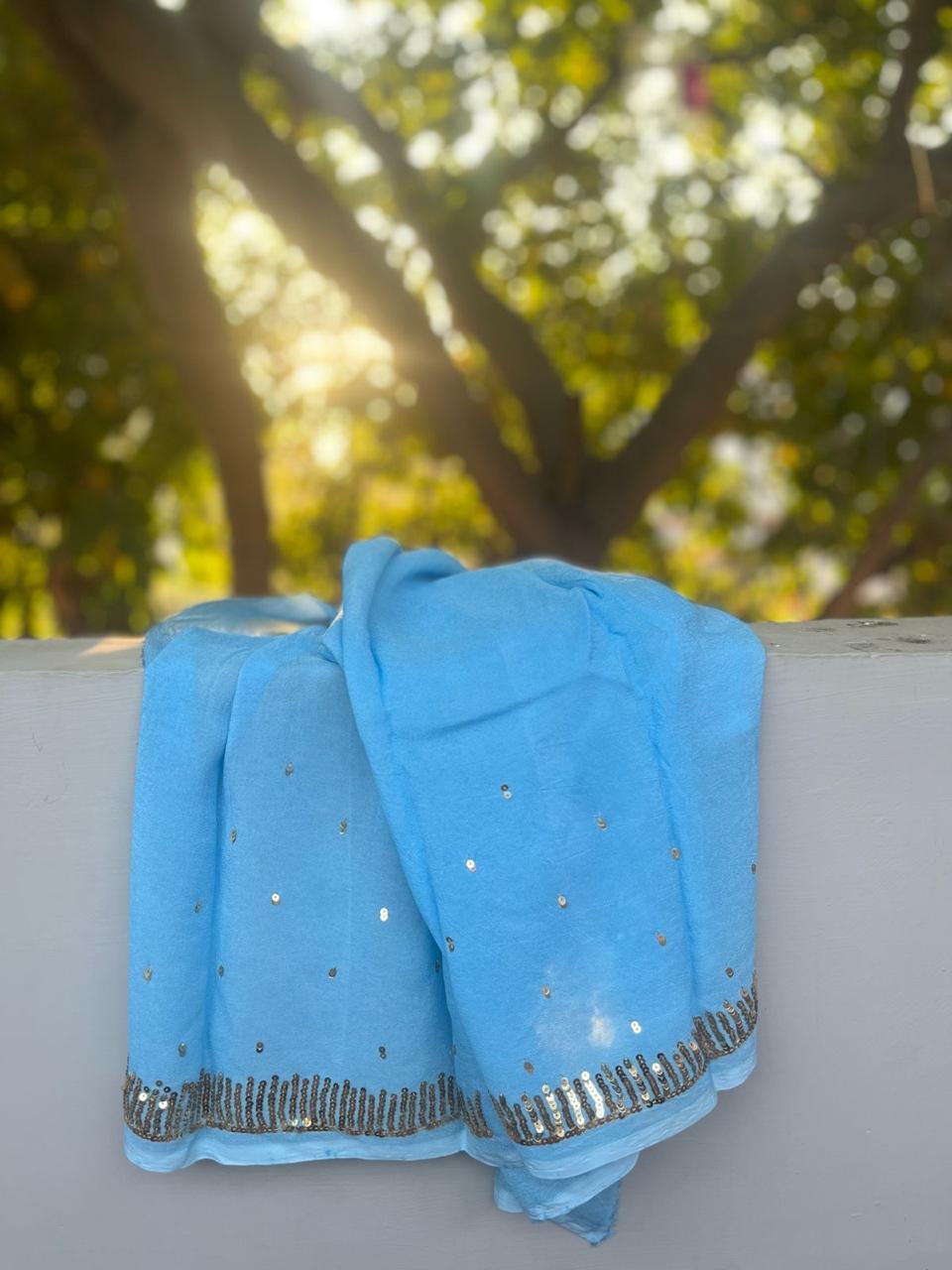 Ombre Sky Blue Shaded Sequins Buta Saree