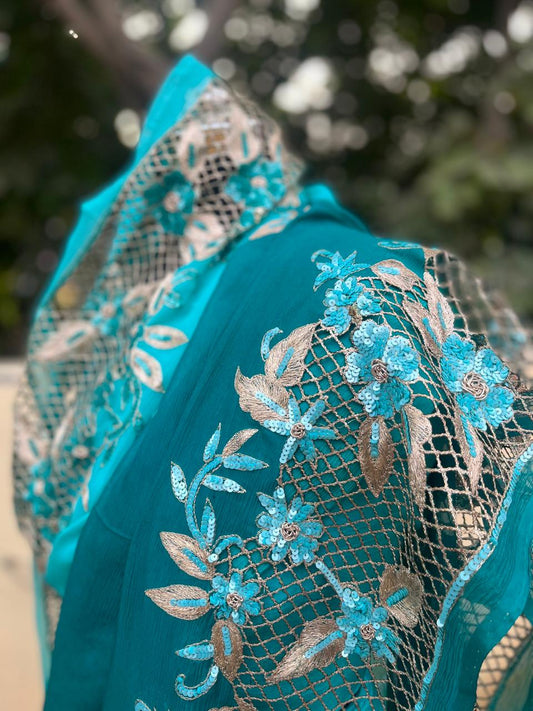 Ombre Teal Shaded Cutwork Border Saree