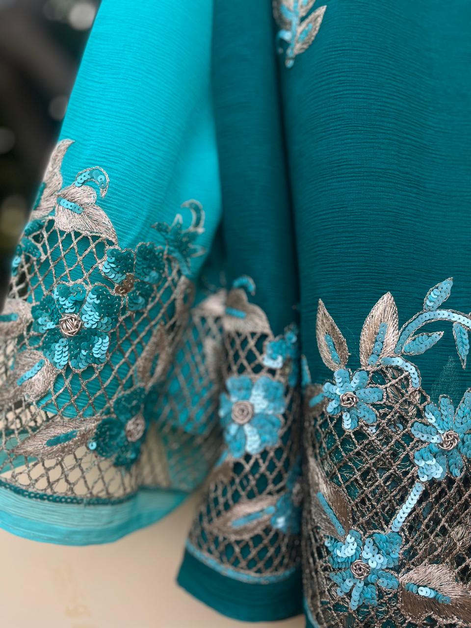 Ombre Teal Shaded Cutwork Border Saree