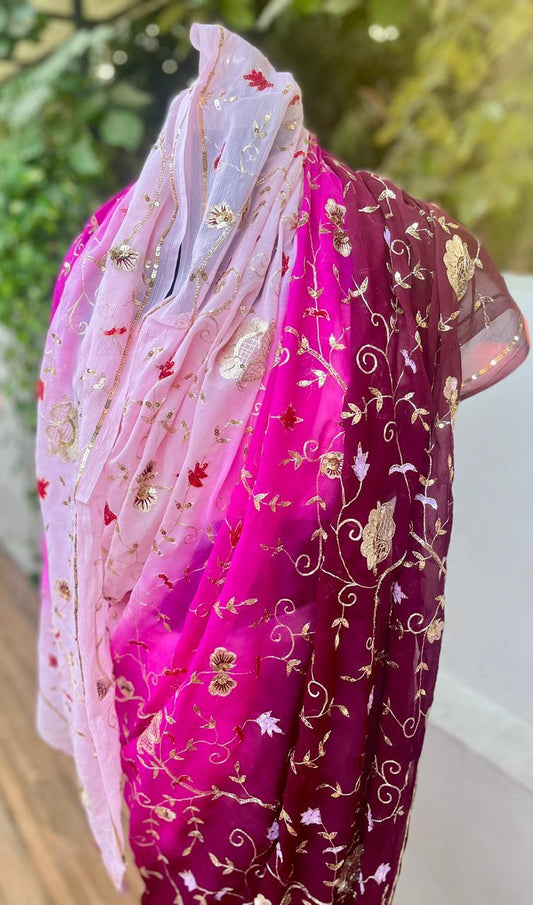 Ombre Pink Wine Sahded Zari Zardoji Jaal Saree