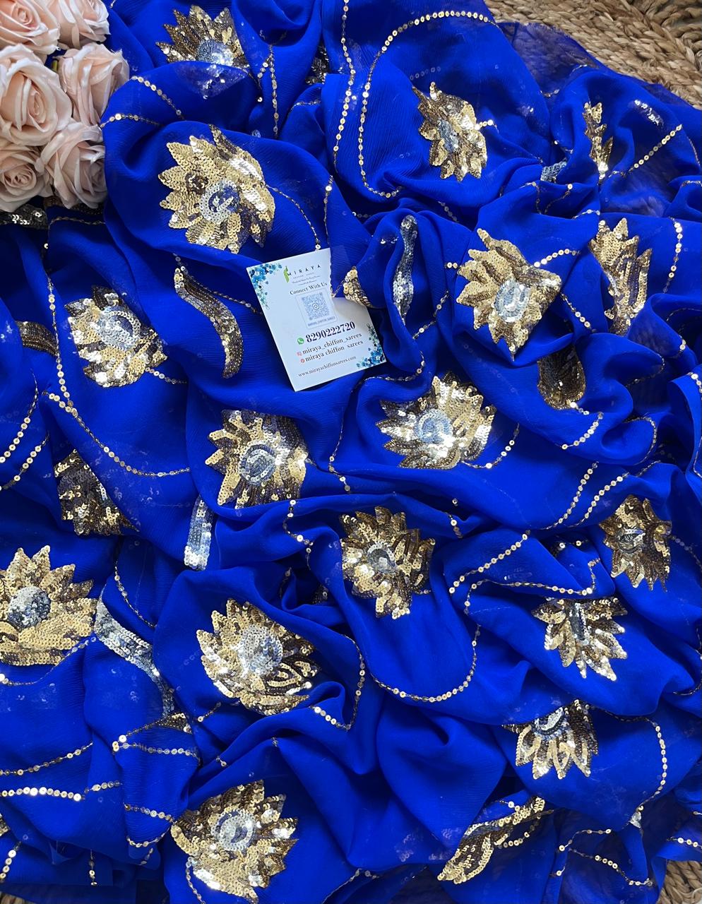 Blue Golden Silver Sequins Jaal Saree
