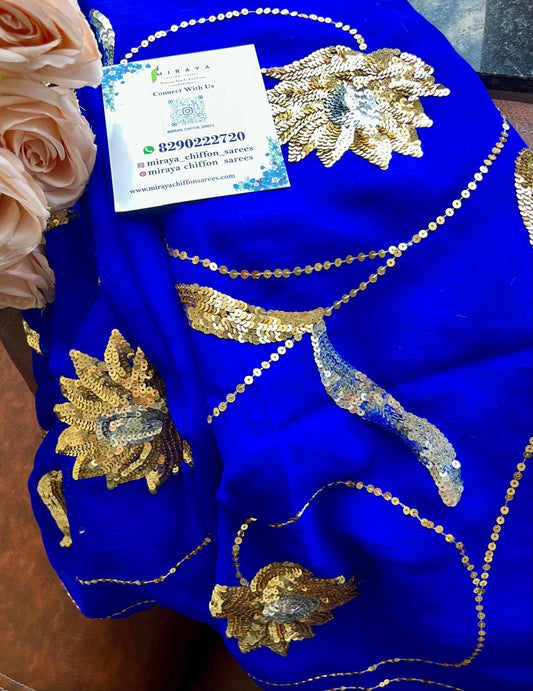 Blue Golden Silver Sequins Jaal Saree