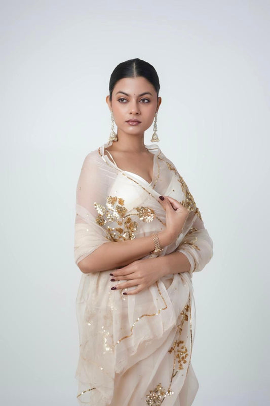Beige Cocktail Golden Sequins Saree