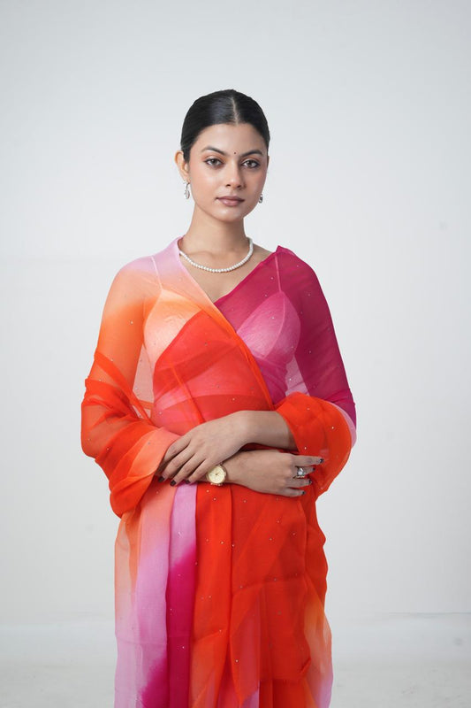 Ombre Pink Orange Peach Shaded Mukaish