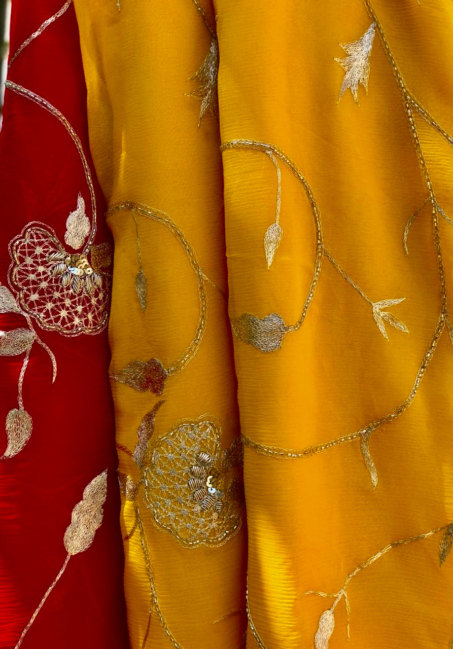 Ombre yellow red Zari Jaal saree