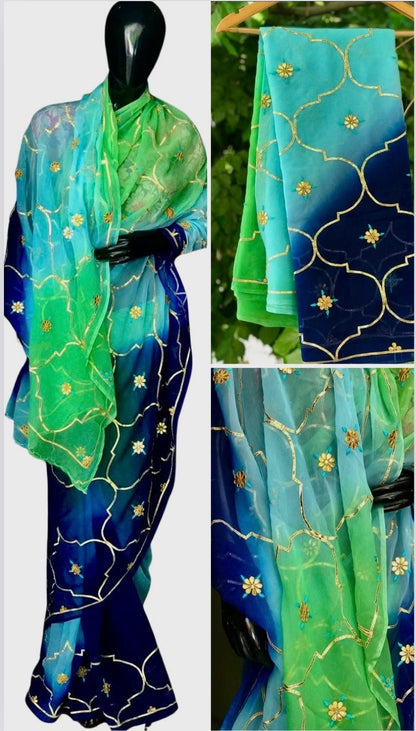 Ombre blue shaded gotta jaal saree