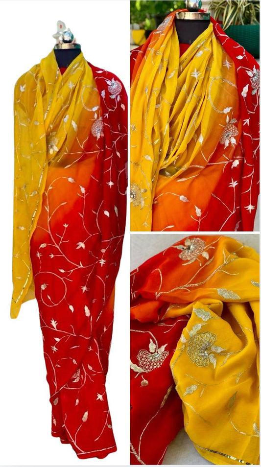Ombre yellow red Zari Jaal saree
