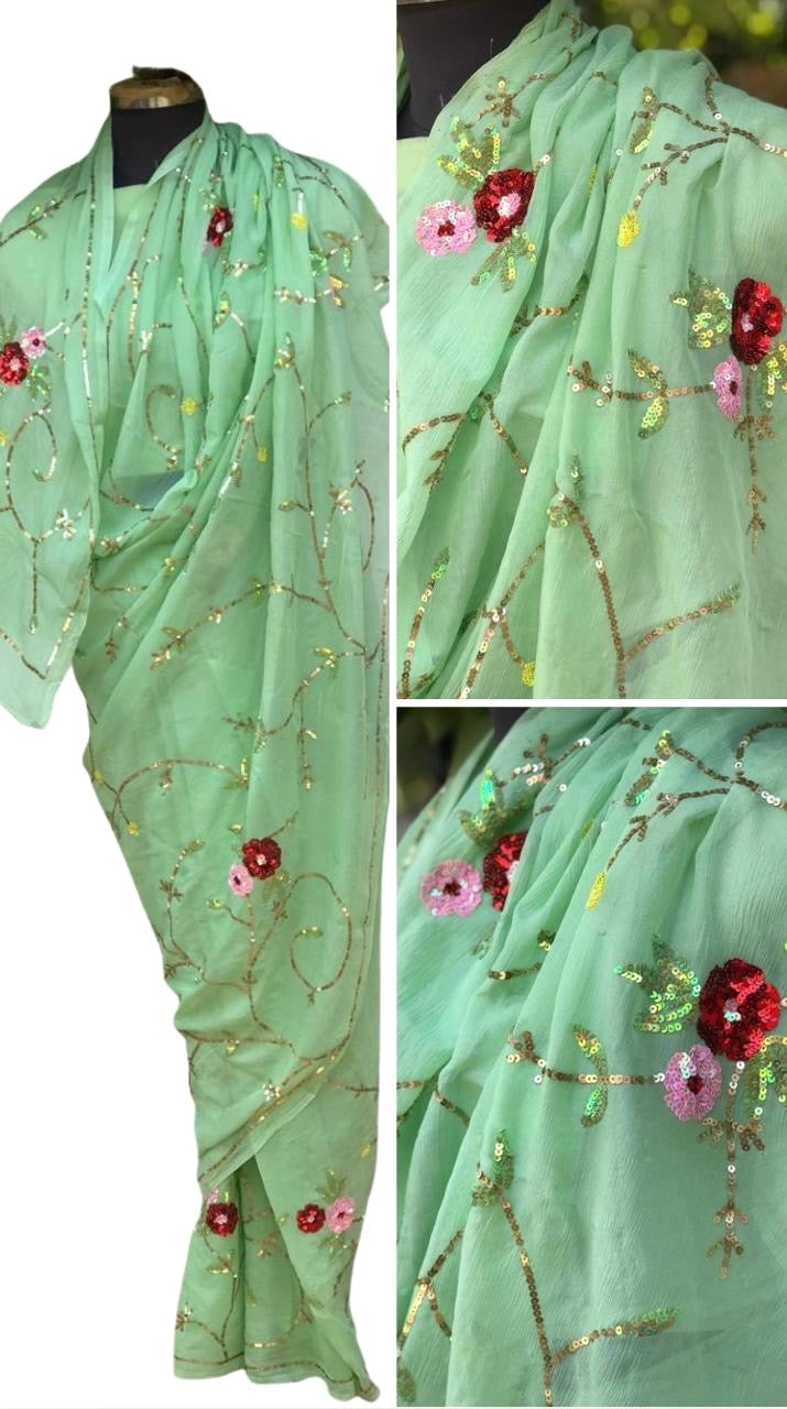 Mint Green sequins Jaal saree