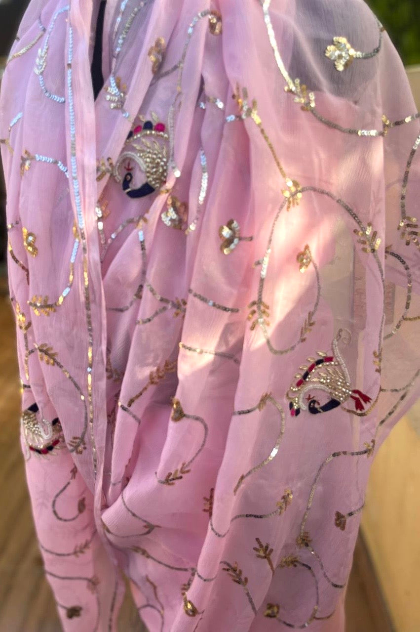 Baby Pink Peacock Sequins Jaal Saree