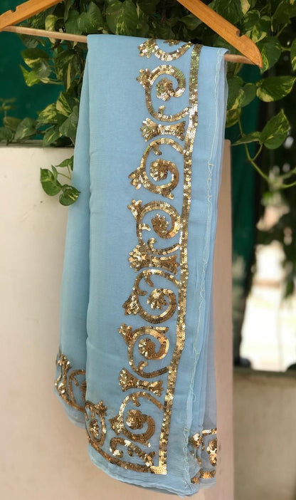 Aqua golden sequins Border saree