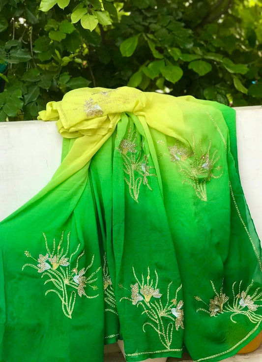 Ombre yellow shaded Zari Buta saree