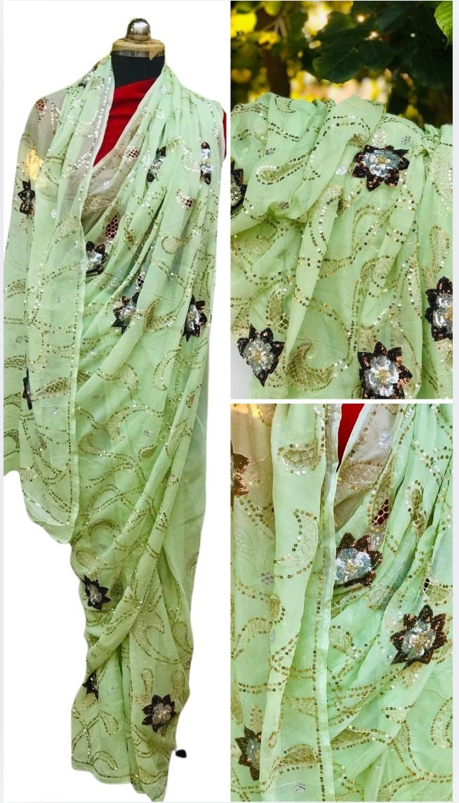 Mint green Cutwork jaal saree