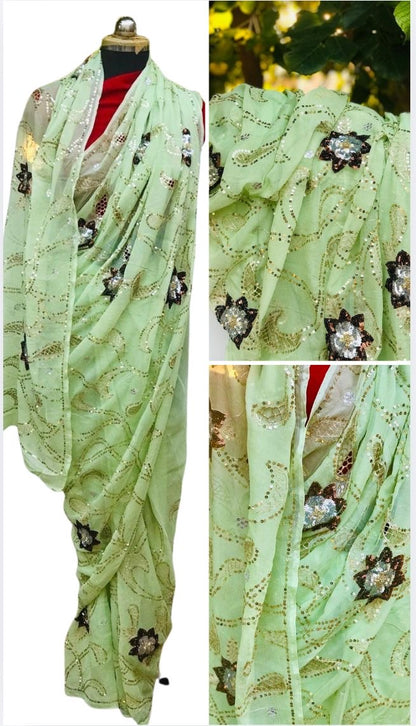 Mint green Cutwork jaal saree