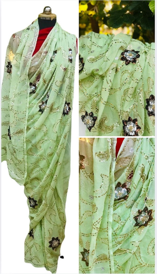 Mint green Cutwork jaal saree