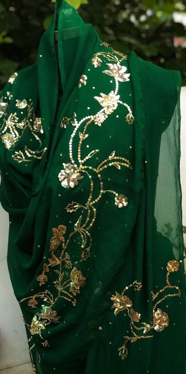 Bottle green sequins worked saree