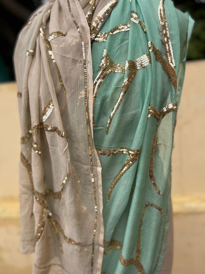 Ombre mint green shaded sequins jaal saree