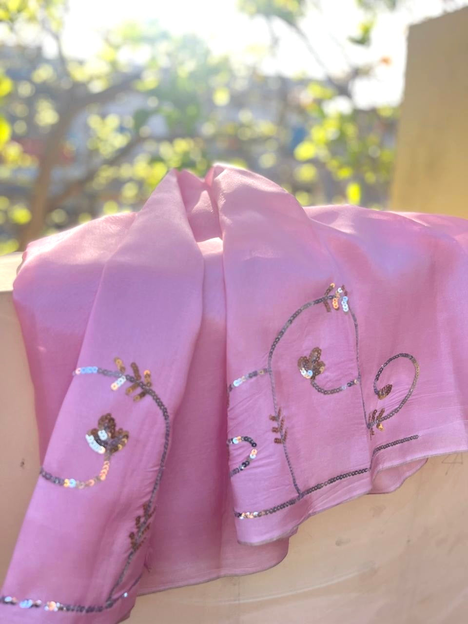 Baby Pink Peacock Sequins Jaal Saree