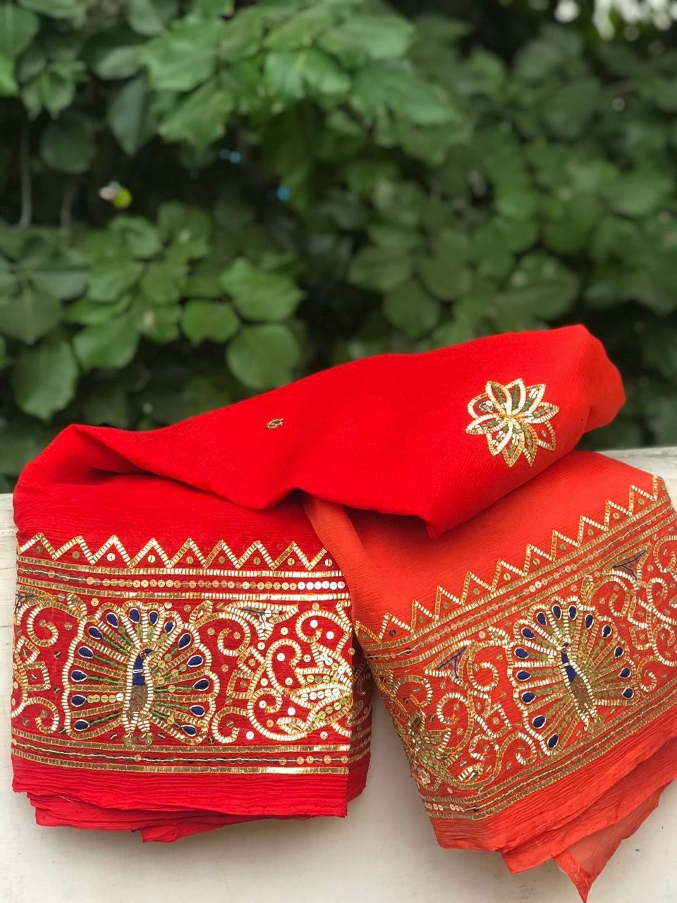 Ombre Orange Shaded Peacock Gotta Border Saree