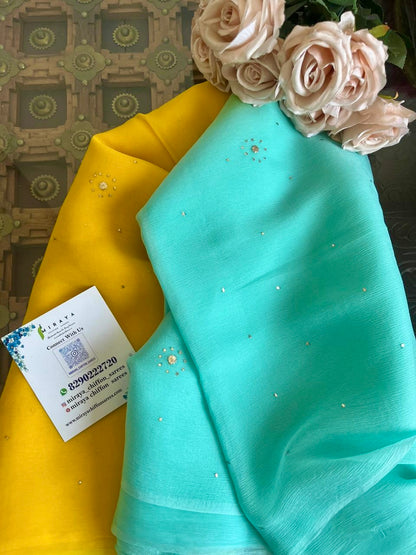 Yellow Blue Floral Mukaish saree