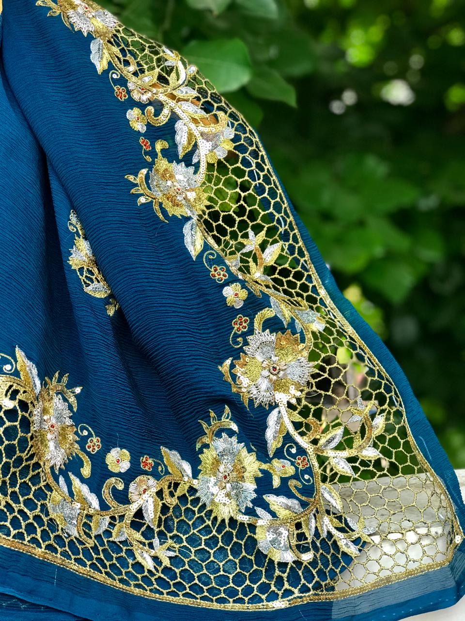 Teal Blue Cutwork Border saree