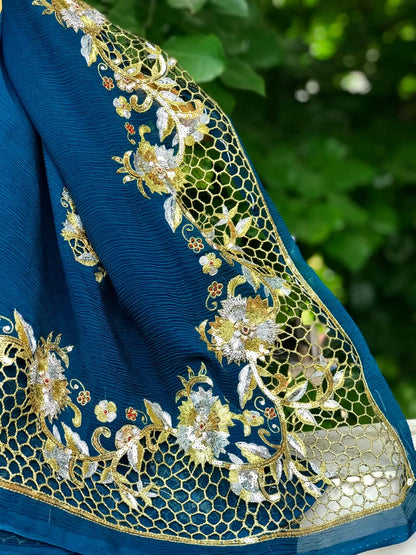 Teal Blue Cutwork Border saree